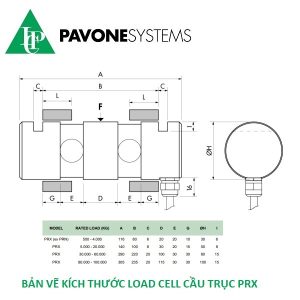 Bản vẽ đầy đủ kích thước cảm biến trọng lượng load cell PRX chuyên dùng cân cầu trục.