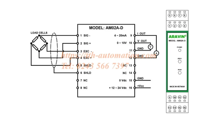 Bộ khuếch đại Load Cell Aravin AM02A-D | vỏ cài ray lắp tủ điện 9 bộ khuếch đại load cell Aravin AM02A-D sơ đồ chi tiết
