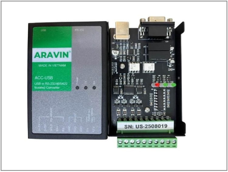 bên trong bộ chuyển đổi và cách ly USB sang RS232 RS485 RS422 ACC-USB do Aravin sản xuất tại Việt Nam